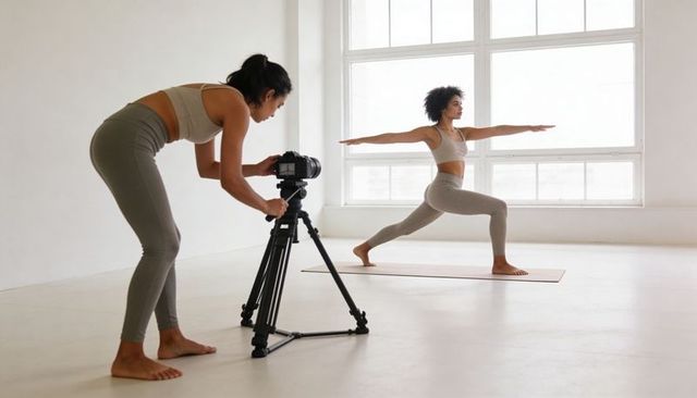 Filming yoga instructor practicing warrior pose in minimal studio with dslr tripod