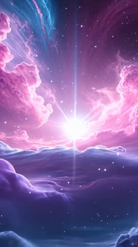 Drifting Nebula Clouds Revealing Pulsing Star with Radiant Beam for Vertical Cosmic Video