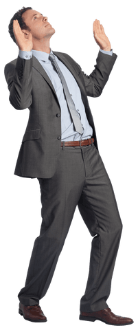 Transparent Businessman Posing in Suit with Arms Raised