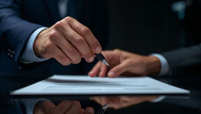 Pointing pen over contract with suited executives reviewing and preparing to sign