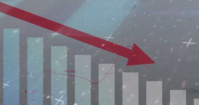 Image of glitch over arrow and graph on grey background. Finance and economy concept digitally generated image.