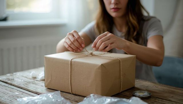 Woman tying knot on rustic kraft parcel with twine and tape for gift wrapping