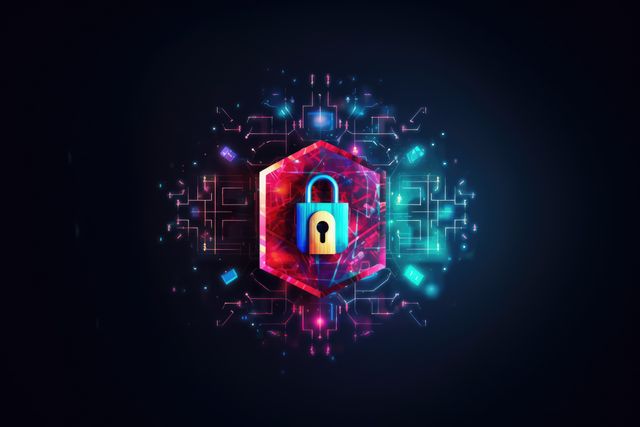 Visual representation of cyber security with a lock symbol and circuit board elements glowing in vibrant colors. Perfect for illustrating concepts related to data protection, network security, encryption, and technology. Can be used in articles, presentations, websites, or marketing material emphasizing online security and modern technology.