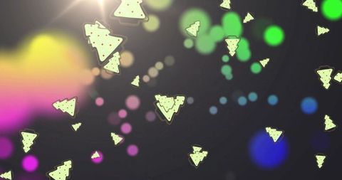 Glowing Triangular Tree Icons Drifting on Dark Charcoal Gradient with Colorful Bokeh Lights