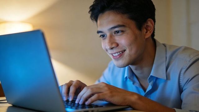 Young asian man typing on laptop smiling while working remotely at home desk with warm lamp