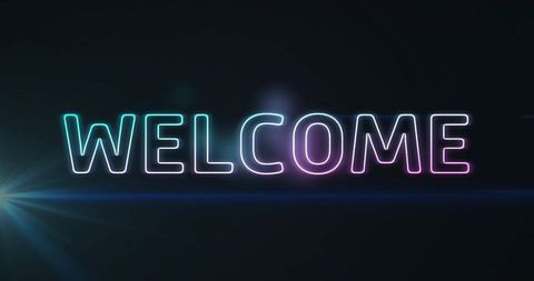 Glowing Neon WELCOME Sign with Cyan Magenta Gradient, Lens Flare and Light Streak