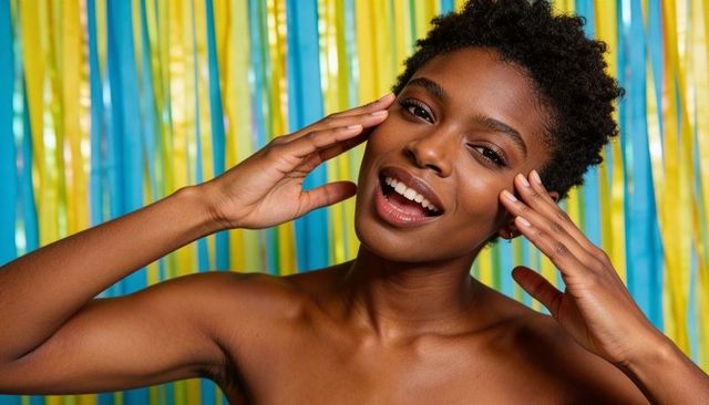 Smiling woman tilting head touching face bare shoulders vibrant blue yellow fringe