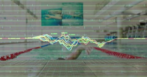 Swimmer powering through center lane with hud telemetry overlay for performance analytics