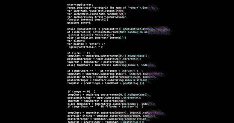 Neon glitch JavaScript code on dark terminal with RGB distortion and cyber aesthetic