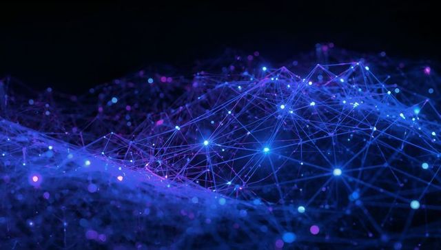 Glowing Neural Network Mesh with Blue-Purple Nodes, Wireframe and Holographic Depth