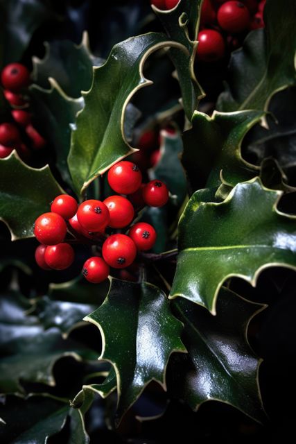 Full frame of holly and red berries background, created using generative ai technology. Flower, nature, colour and christmas concept digitally generated image.