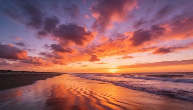 Sunset reflecting on rippled wet sand with glowing pink clouds and golden horizon