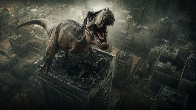Roaring tyrannosaurus rex atop skyscraper in apocalyptic cityscape