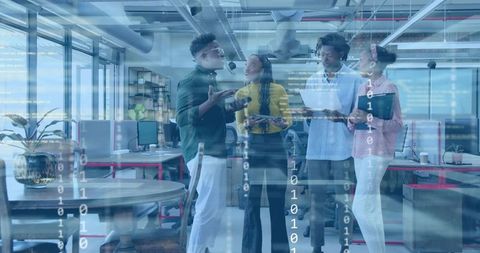 Team Collaborating on Tech Project in Open-Plan Workspace with Binary Data Overlay