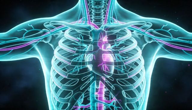 Translucent thorax highlighting rib cage, heart and vascular network in 3d medical render