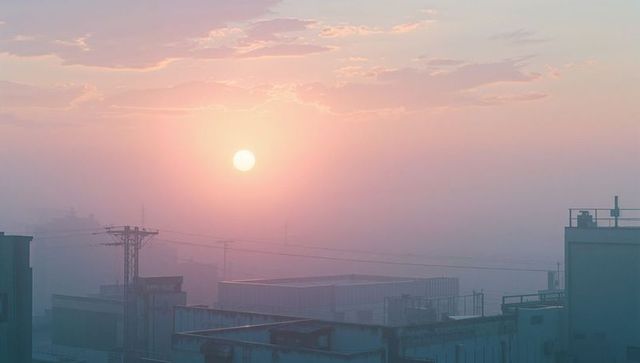 Pastel sunrise over hazy urban rooftops with power lines, vents and rooftop antennas