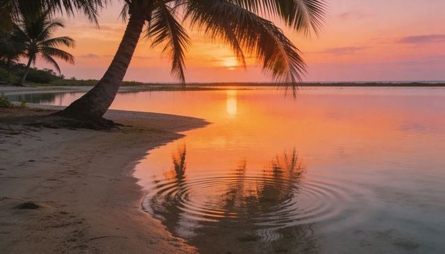 Leaning palm casting silhouette and ripples over tropical lagoon at sunset