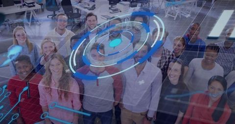 Diverse office team collaborating under futuristic holographic data interface