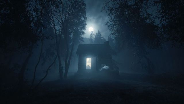 Misty Night in Glowing Cabin in Pine Forest