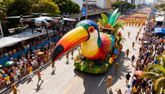 Parading Giant Toucan Carnival Float Rolling Down Sunlit Boulevard with Dancing Performers