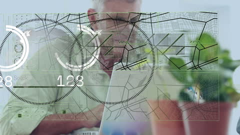 Senior Man Using Digital Tablet with Futuristic Data Interface