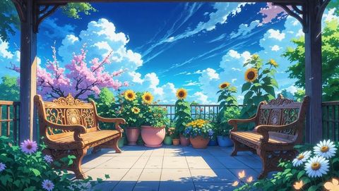 Sunny anime terrace with ornate benches and blooming flower pots