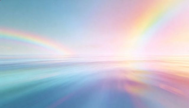 Double rainbow arcing over pastel seascape reflecting soft sunrise glow
