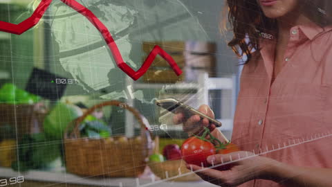 Woman Analyzing Market Trends with Smartphone and Fresh Produce