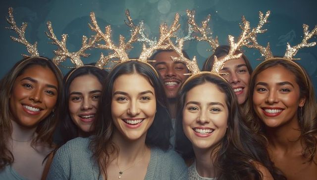 Joyful friends with festive antler headbands celebrating together