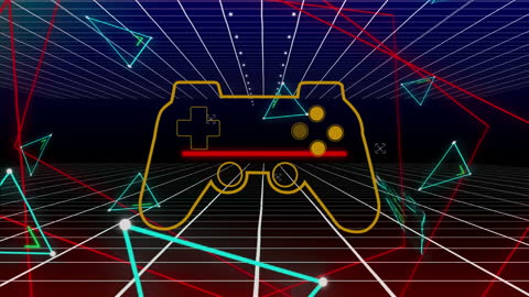 Neon Gamepad with Geometric Shapes on Digital Background