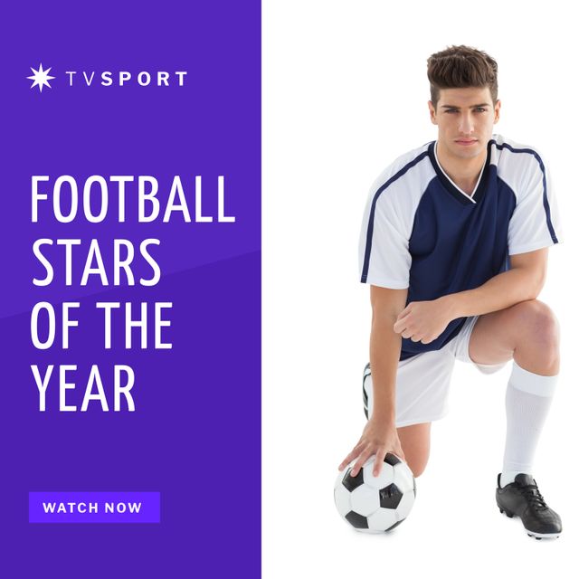 Square image of football stars of the year and caucasian male football player with ball. Football, sport, competition and tournament concept.