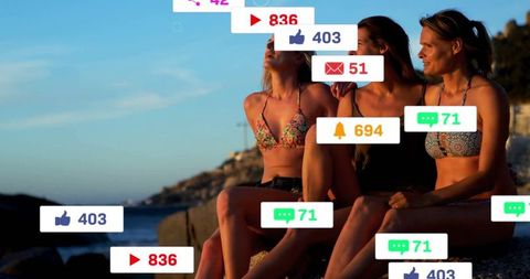 Friends Enjoying Sunset with Social Media Engagement Icons