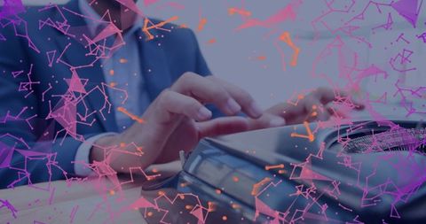 Businessman typing on vintage typewriter house in data matrix composition