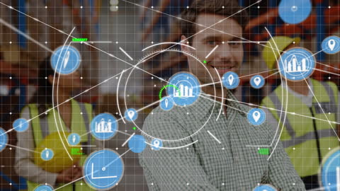 Digital Network Overlay on Business Professionals in Warehouse