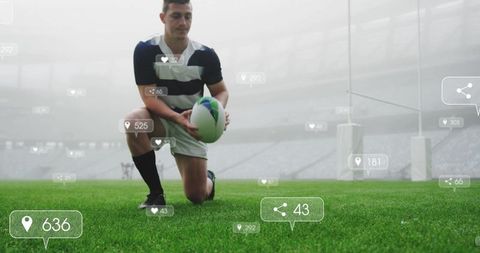 Rugby Player Strategizing on Field with Digital Overlay