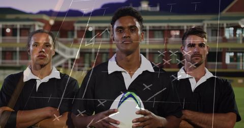 Determined rugby players analyzing game plan strategy