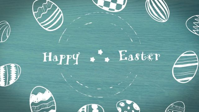 Ideal for spreading festive cheer during Easter celebrations, this design features whimsical white text reading 'Happy Easter' surrounded by decorative Easter eggs against a calming blue background. Perfect for cards, social media posts, and festive digital communications to convey joy and celebration.