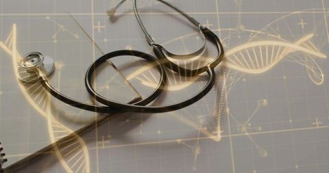 Stethoscope overlaying dna graphics on grid background