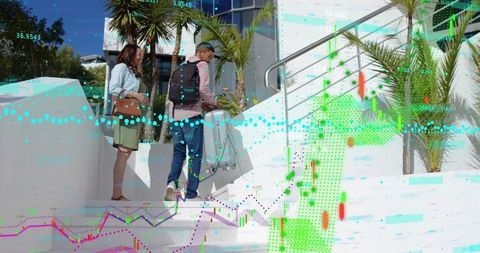 Walking two travelers pulling silver suitcase up white steps with digital data overlay
