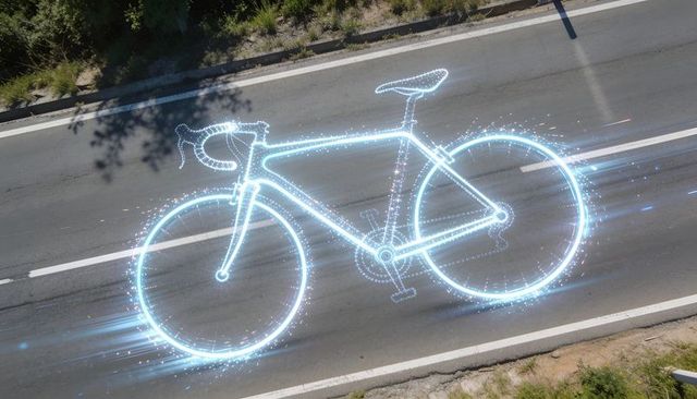Holographic blue road bike silhouette projecting over asphalt road with neon motion trails