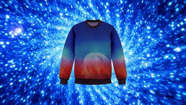Floating digital crewneck sweater with mosaic pixel gradient and orb emblem