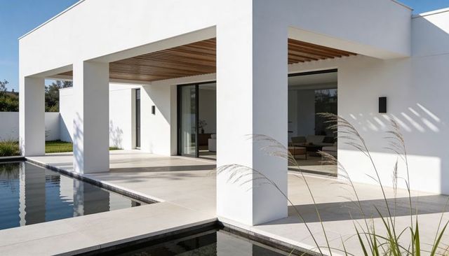 White modern villa featuring reflecting pool, minimalist terrace and square columns