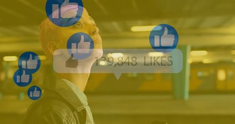Youthful Woman On Train Platform Surrounded By Digital Likes