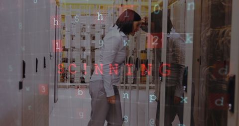 Cybersecurity Threat Alert in Server Room with Distressed Businesswoman