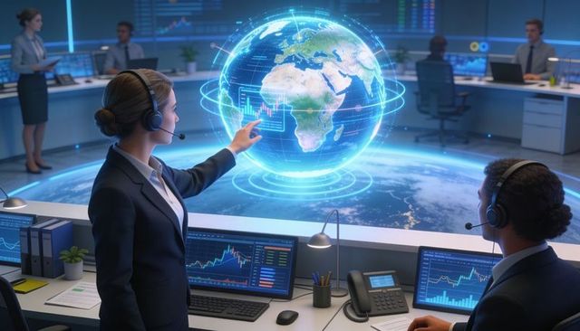 Woman pointing at holographic globe in control hub with financial dashboards and data team