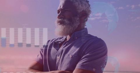 Contemplative leader analyzing data with serene beach view