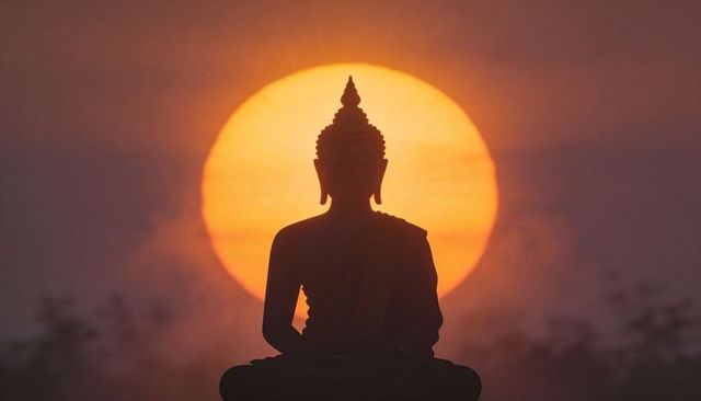 Buddha silhouette framed by rising sun halo at misty sunrise for meditation themes