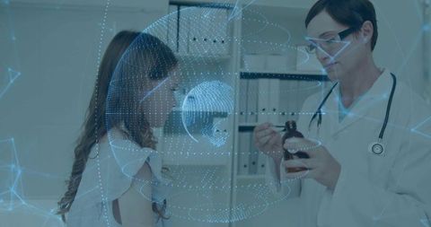 Doctor Consults Patient with Medicine and Digital Interface Overlay