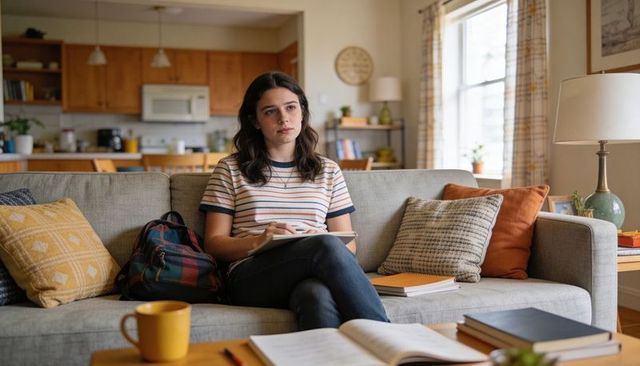 Teenage student studying on sofa at home writing notes with backpack and coffee nearby