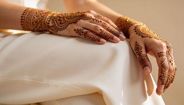 Resting hands displaying intricate henna mehndi on cream fabric lap with gold bangle